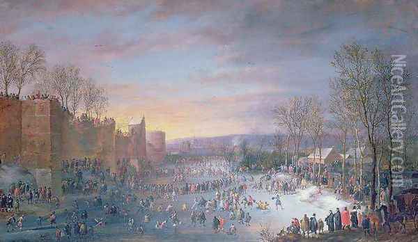 Ice Skating on the Stadtgraben in Brussels Oil Painting - Robert van den Hoecke