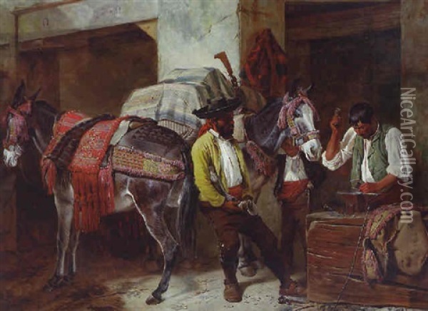 At The Blacksmith's Shop Oil Painting - Richard Ansdell