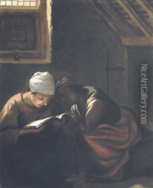 Interieur Avec Femme Lisant Et Sa Servante Oil Painting - Esaias Boursse