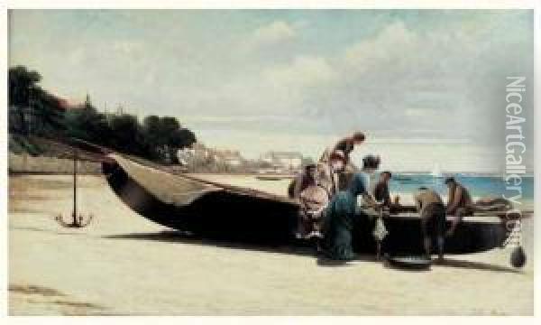 Elegantes A L'arrivee Des Pecheurs Dans La Baie D'arcachon Oil Painting - Jules-Charles Aviat