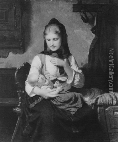 Mutter Mit Kind In Der Bauernstube Oil Painting - Christian Eduard Boettcher