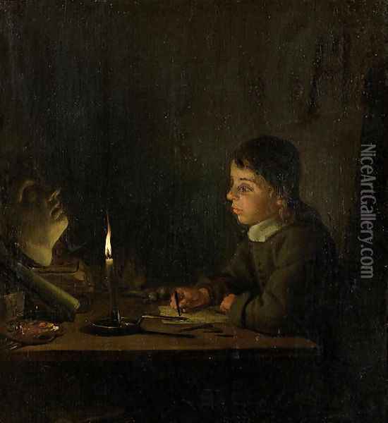 Boy Drawing by Candlelight Oil Painting - Godfried Schalcken