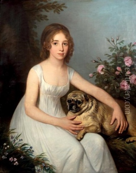Portrait De Jeune Fille Avec Son Chien Oil Painting - Henri Francois Riesener