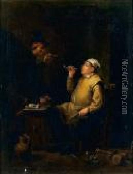 Deux Fumeurs Autour D'une Table Oil Painting - David The Younger Teniers