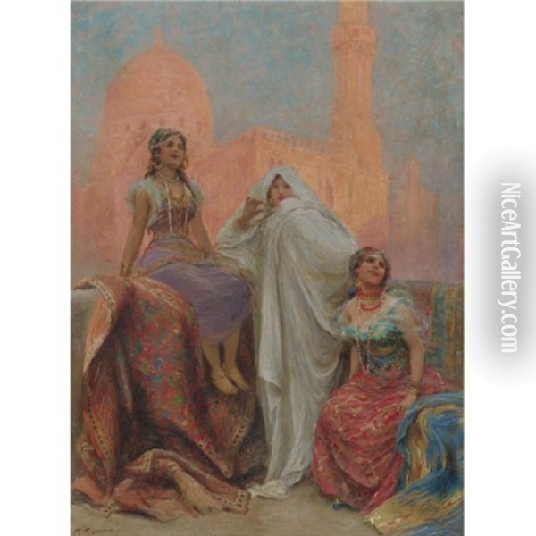The Three Beauties Standing Before Al Rifa'i Mosque In Cairo Oil Painting - Fabio Fabbi