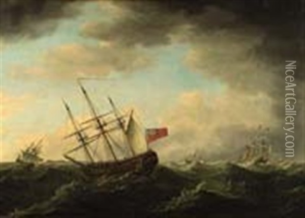 A Convoy Of East Indiamen In A Gale Oil Painting - Francis Holman