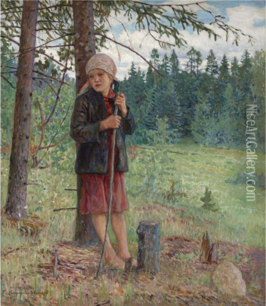 Young Girl In A Forest Oil Painting - Nikolai Petrovich Bogdanov-Belsky