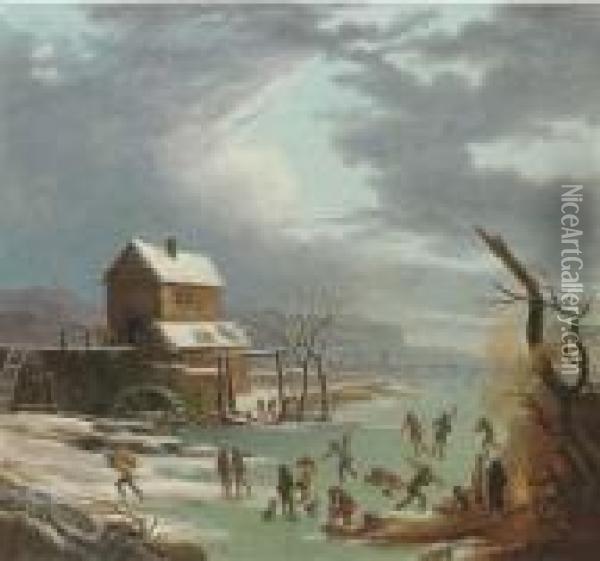 A Winter Landscape With Skaters On A Frozen Canal, A House With A Watermill Nearby Oil Painting - Andries Vermeulen