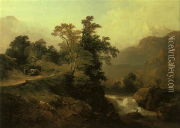 Mountainous River Landscape With Peasant Passing A Wayside Shrine Oil Painting - Anton Hansch