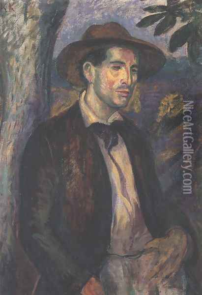 Portrait of Bela Czobel with Straw Hat 1907 Oil Painting - Karoly Kernstok