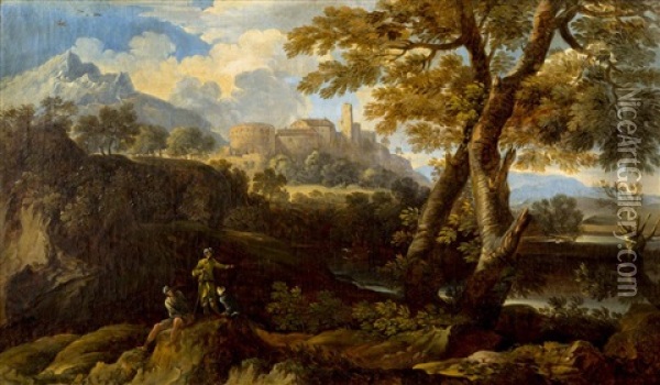 Classical Figures In Italianate Landscape With Walled City In Background Oil Painting - Gaspard Dughet