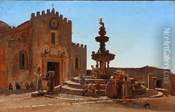 Duomo Piazza In Taormina On Sicily Oil Painting - Niels Emil Holm