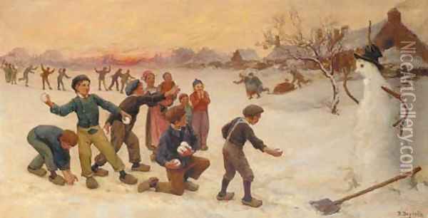 Playing with snowballs Oil Painting - Theophile Louis Deyrolle