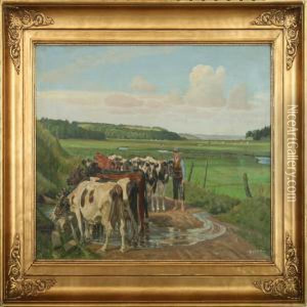 Landscapewith Aboy And Cows Oil Painting - Rasmus Christiansen