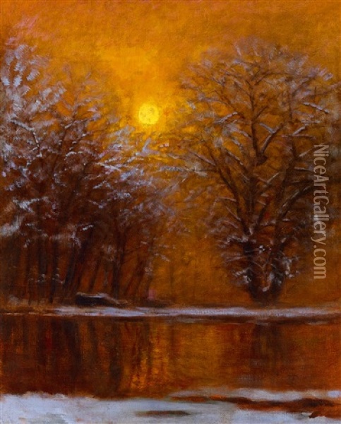 Riverbank In The Evening (winter) Oil Painting - Laszlo Mednyanszky