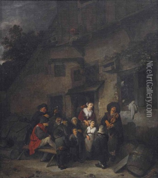 A Merry Company Making Music Outside An Inn Oil Painting - Cornelis Pietersz Bega