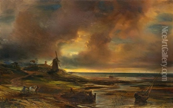 The Windmill By On The Beach Oil Painting - Baron Jean Antoine Theodore Gudin