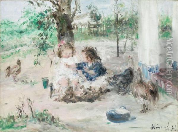Kislanyok A Kertben Oil Painting - Aurel Naray