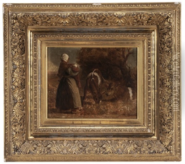 Dutch Woman With Baby And Two Cows Oil Painting - George Henry Story