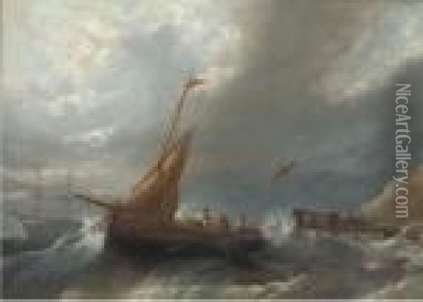 Fishermen Hauling In Their Nets In A Gale Off A Jetty Oil Painting - William Harry Williamson