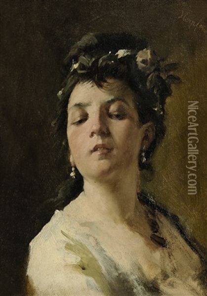 Portrait Einer Jungen Frau Mit Blumen Im Haar Oil Painting - Carl Herpfer