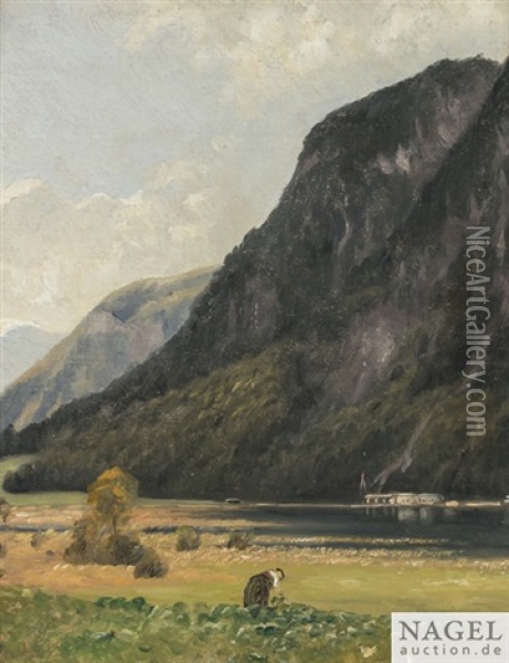 Vor Machtigem Bergmassiv, Sommerliche Landschaft Mit Badesee, Im Vordergrund Bauerin Oil Painting - Christian Friedrich Mali