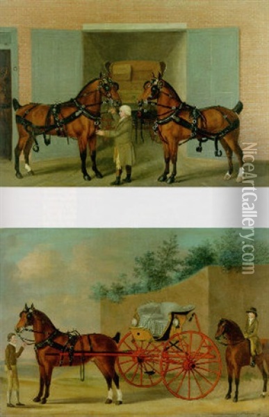Harnessed Carriage Horses With A Groom Outside A Coachhouse Oil Painting - Francis Sartorius the Elder