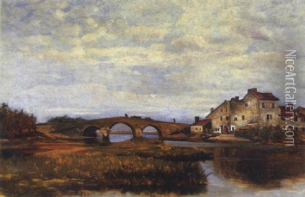 Le Pont De Sacoa, Pays Basque Oil Painting - Leon Pierre Herpin