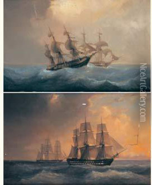 Navires Sur Une Mer Agitee Oil Painting - Lauvergne, Barthelemy