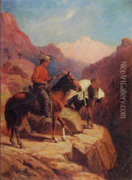 Western Landscape With A Hunter On Horseback And His Burro Oil Painting - Robert Atkinson Fox