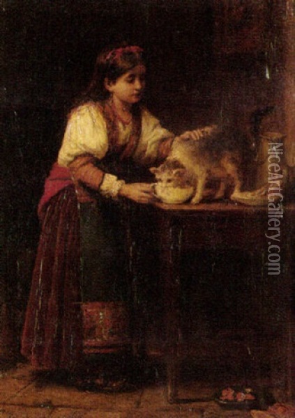 A Young Girl Feeding Her Cat Oil Painting - Leon Bonnat