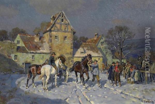 Horsemarket In Front Of The Village Oil Painting - Wilhelm Velten