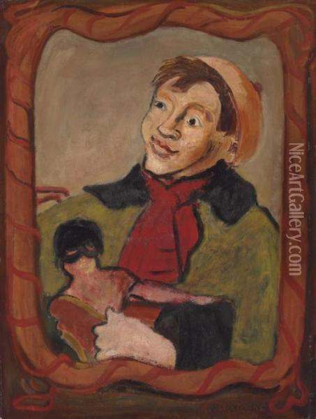Boy With A Doll Oil Painting - Abraham Mintchine