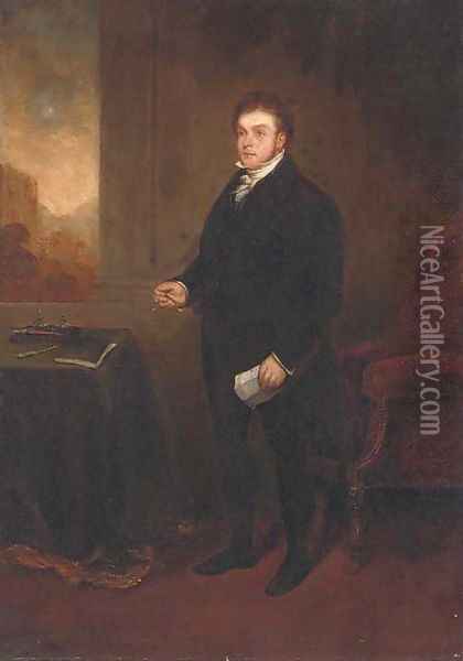 Portrait of Robert Hawkes (1774-1836), small full-length, holding a letter and spectacles, in an interior, a landscape beyond Oil Painting - Benjamin Robert Haydon