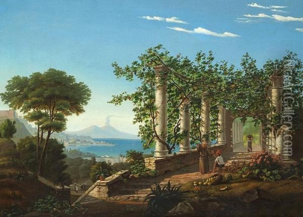 Italians In A Pergola With A View Of The Bay Of Naples And Vesuvius Oil Painting - Theodore F. Lund