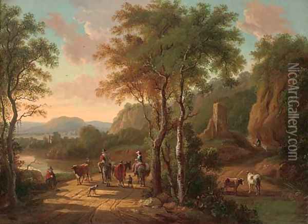 A mountainous landscape with travellers on a track by a river Oil Painting - Jan Both