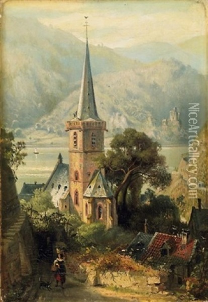Blick Auf St. Goarshausen Am Rhein Im Sommer Oil Painting - Constantin Hoelscher