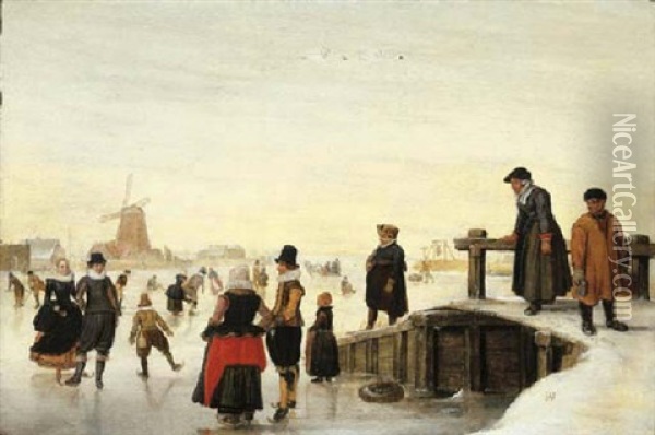 A Winter Landscape With Elegant Company Skating On A Frozen Waterway Oil Painting - Hendrick Avercamp
