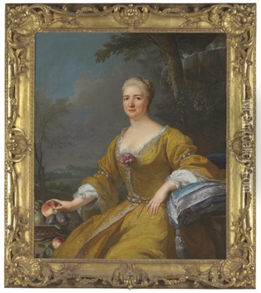 Portrait Of The Duchess Of Luxembourg In An Embroidered Yellow Dress, Before A Fountain Oil Painting - Jacques Andre Joseph Aved