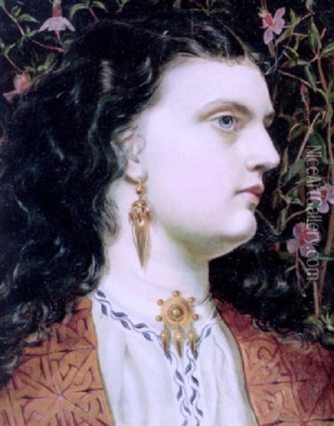 Miss Sandys Wearing A Gold And Embroidered Jacket, Gold Earrings And A Brooch Oil Painting - Anthony Frederick Augustus Sandys