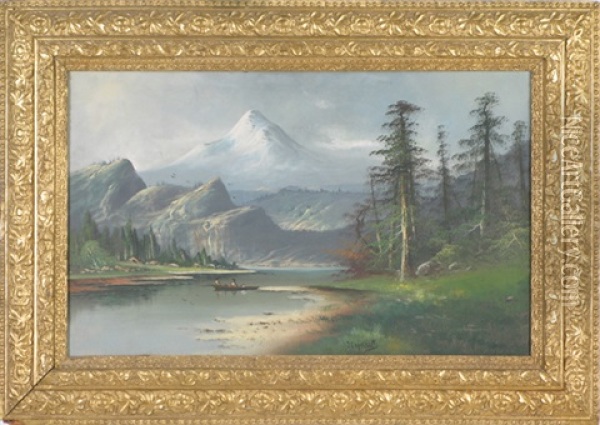 Mountain Landscape With Figures In Open Boat On Lake Oil Painting - Joseph John Engelhardt