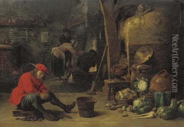 A Kitchen Interior With A Man Shucking Mussels, And Figures Around A Fire Oil Painting - David The Younger Teniers