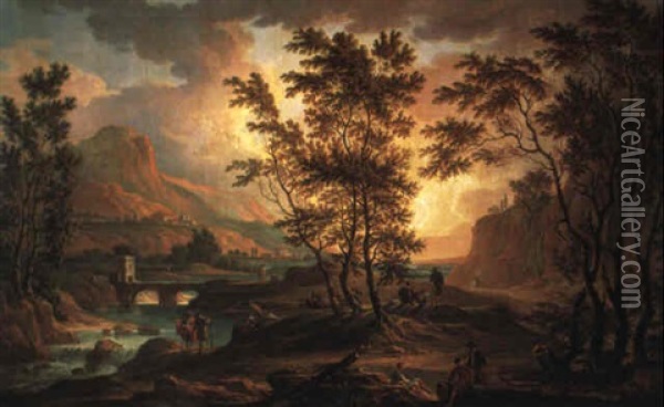 Gebirgige Fluslandschaft Bei Sonnenuntergang Oil Painting - Jacob Philipp Hackert