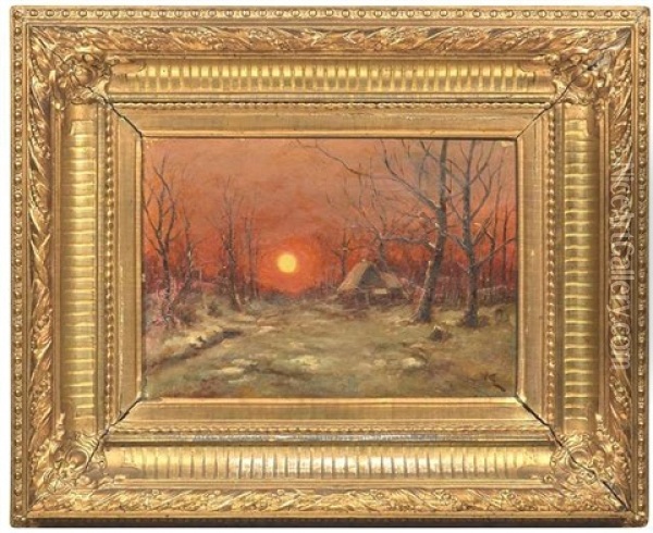 Winterlicher Waldweg Mit Einem Forsterhaus Bei Sonnenuntergang Oil Painting - Yuliy Yulevich (Julius) Klever