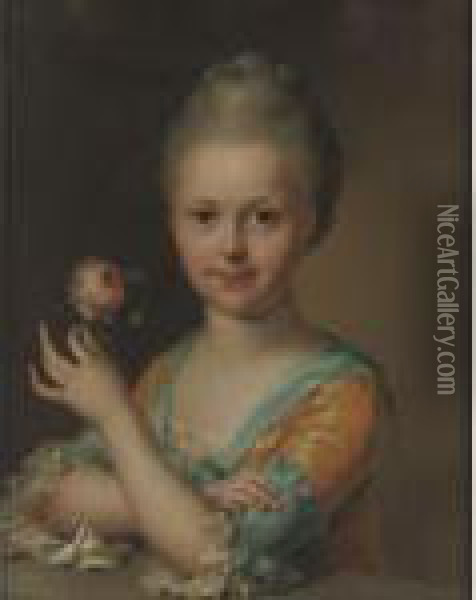 Portrait Of A Girl Holding A Peony Oil Painting - Francois-Hubert Drouais