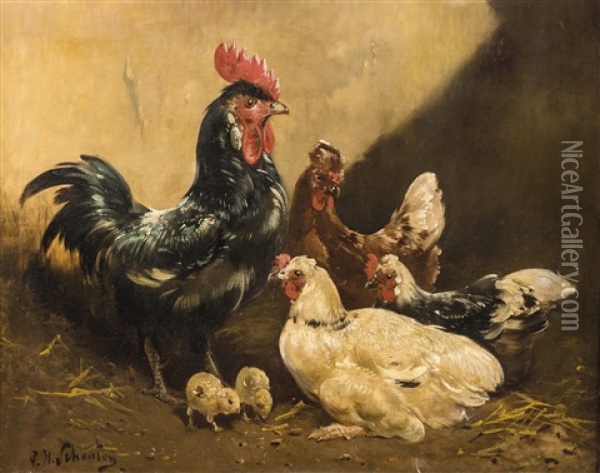 Der Stolze Hahn Mit Hennen Und Kuken Oil Painting - Paul Schouten
