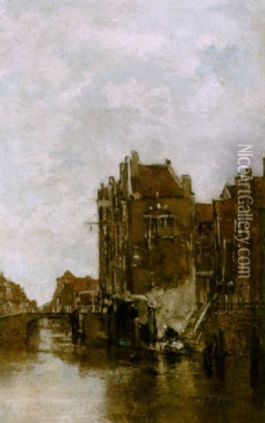 A View Of Dordrecht With A Washerwoman By A Canal Oil Painting - Jacob Henricus Maris