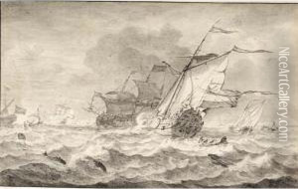 Merchant Ships And Smaller Sailing Boats In A Strong Breeze, Dolphins In The Waves Oil Painting - Hendrik Rietschoof