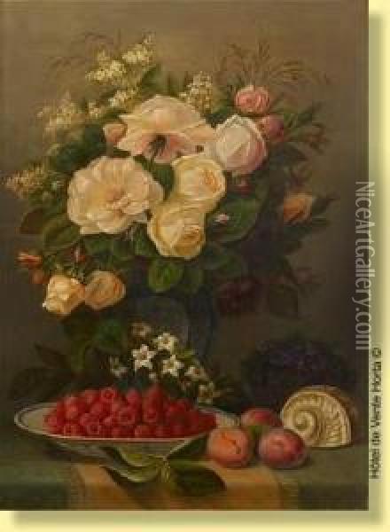 Composition Aux Framboises Et Aux Roses Oil Painting - A. Verlat