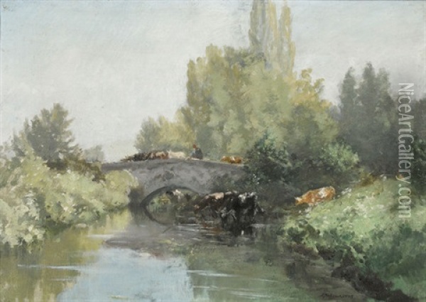 Flusspartie Mit Kuhen Bei Einer Brucke Oil Painting - Edme-Emile Laborne